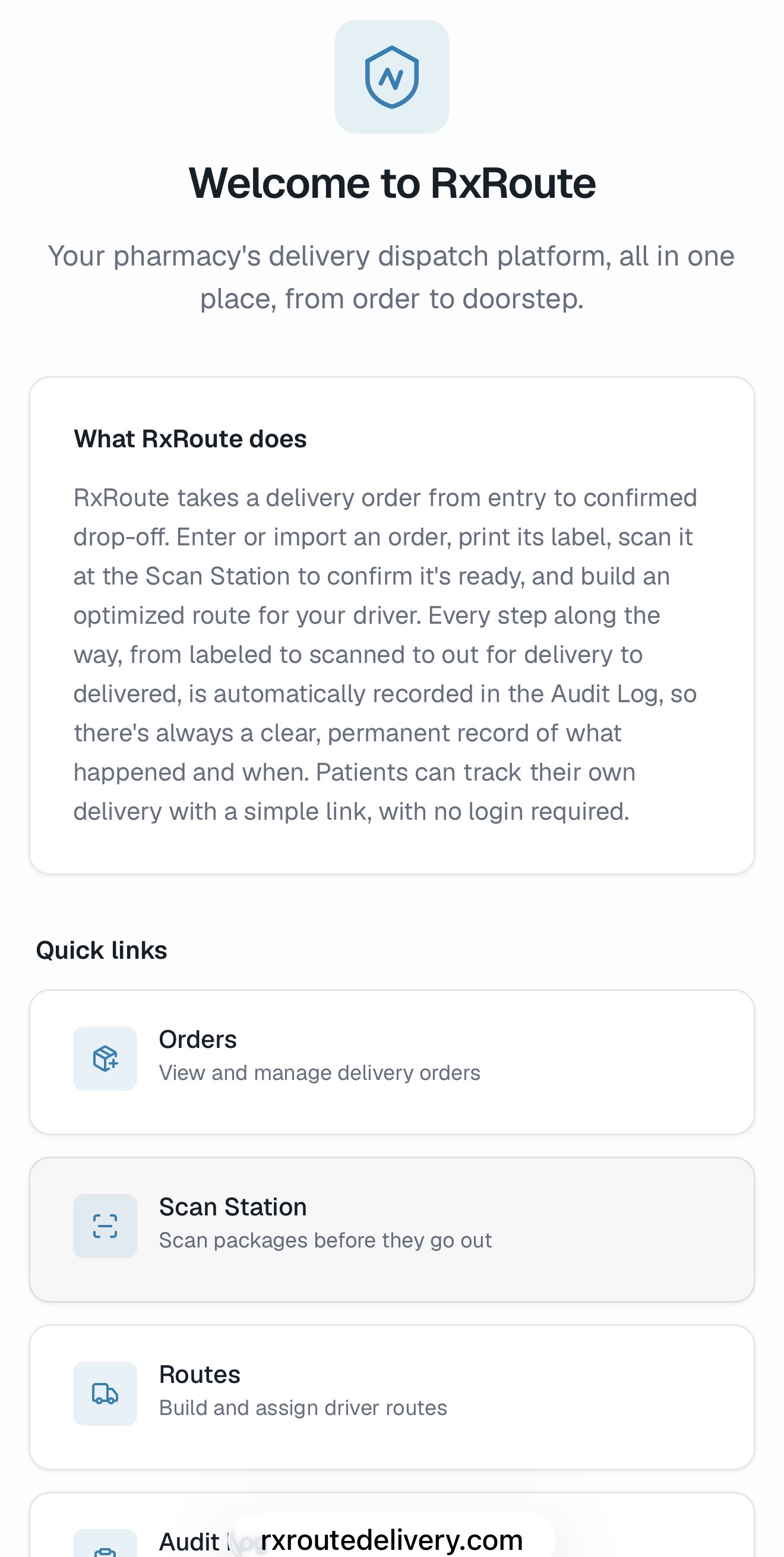 Mobile view of the RxRoute welcome screen and quick links